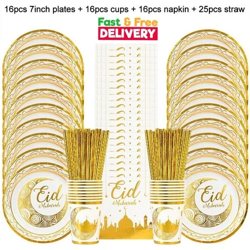 2026 Eid Mubarak 73Pcs Party Tableware Set Gold Plates Cups Banner Ramadan Decor