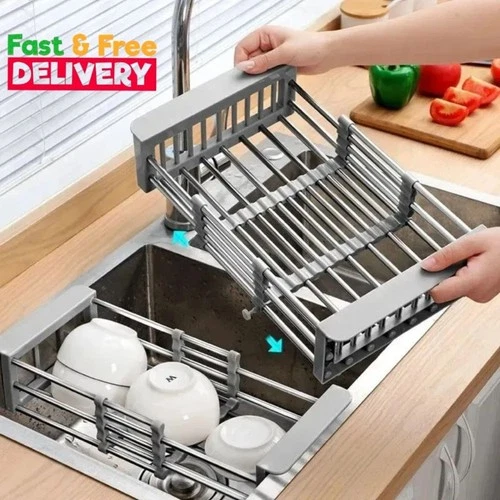 Adjustable Stainless Steel Dish Drying Rack – Expandable Kitchen Sink Drain Basket & Drying Organizer