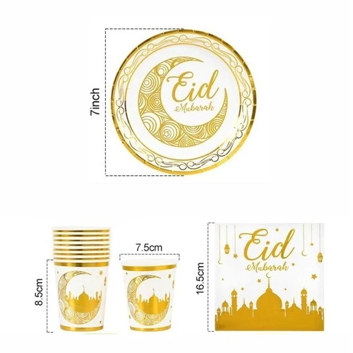 2026 Eid Mubarak 73Pcs Party Tableware Set Gold Plates Cups Banner Ramadan Decor