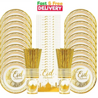2026 Eid Mubarak 73Pcs Party Tableware Set Gold Plates Cups Banner Ramadan Decor