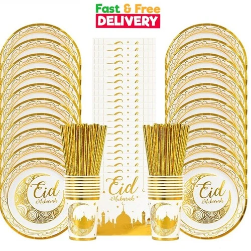 2026 Eid Mubarak 73Pcs Party Tableware Set Gold Plates Cups Banner Ramadan Decor